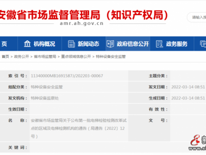 安徽省市場監管局關于公布第一批電梯檢驗檢測改革試點的區域及電梯檢測機構的通告
