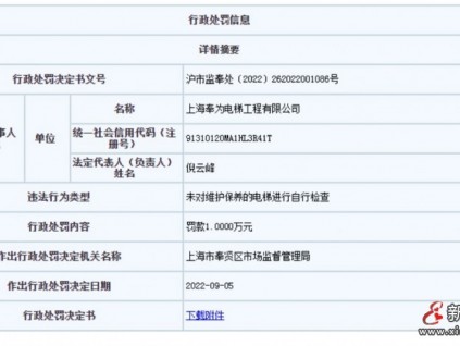 未按規定時間對維保電梯進行自行檢查 上海奉為電梯工程有限公司被處罰